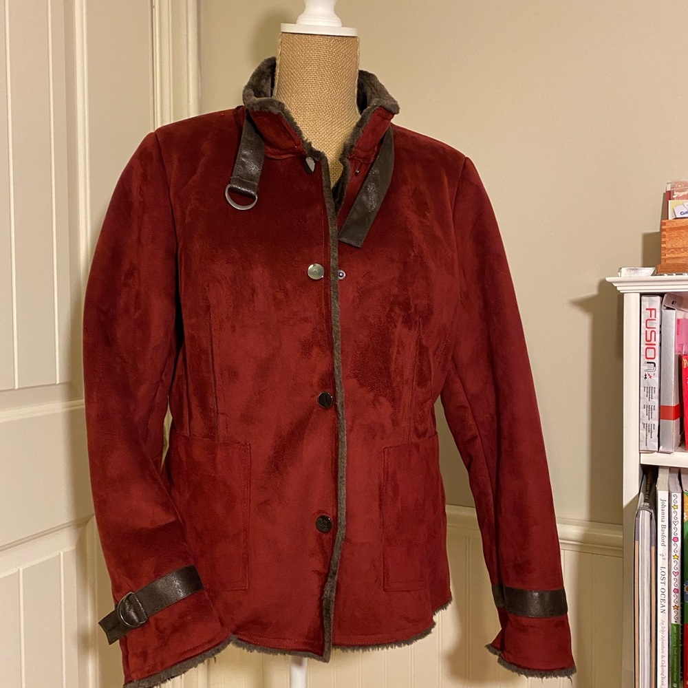 123 Paris Faux Fur/Suede Coat Burgundy 42/L